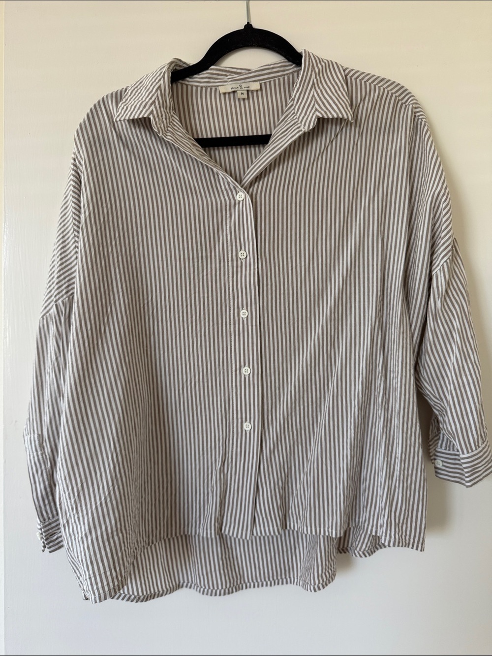Casual Striped Button-Down Blouse - Taupe/White